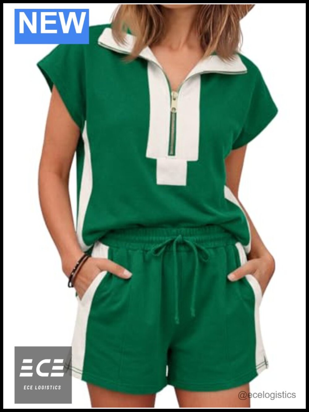 Women's Summer 2 Piece Outfit Half Zip Short Set with Pockets